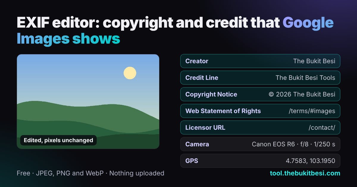 EXIF editor showing the IPTC Creator, Credit Line, Copyright Notice and licence fields that Google Images displays